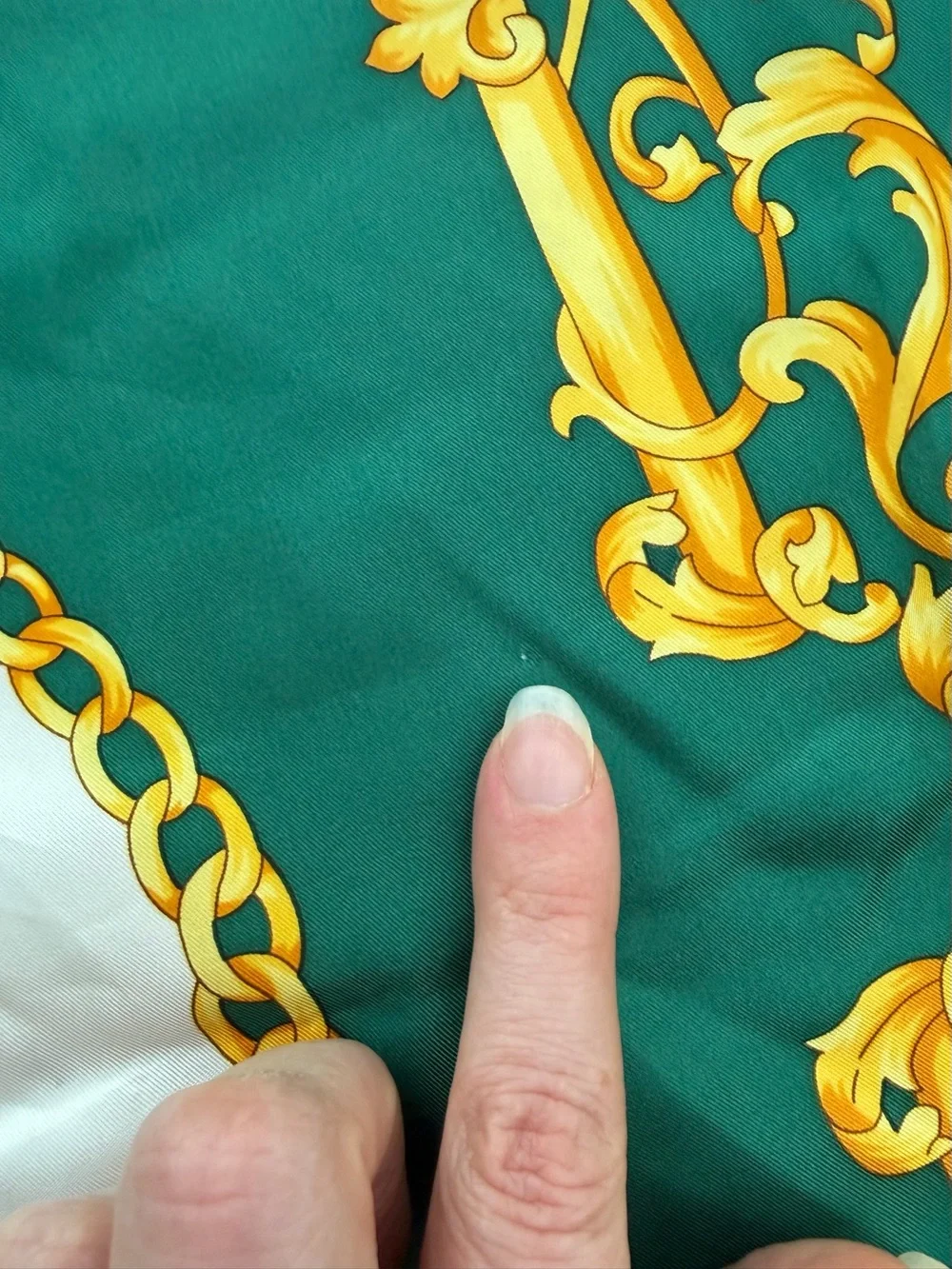 Fabergé 100% Silk Scarf 32” Green Gold Baroque Chain Print Hand Sewn